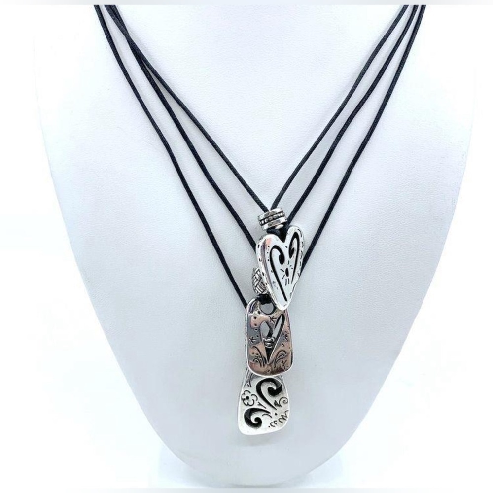 Brighton Brazilian Triple Silver Heart Black Cord Necklace With Pouch 2234